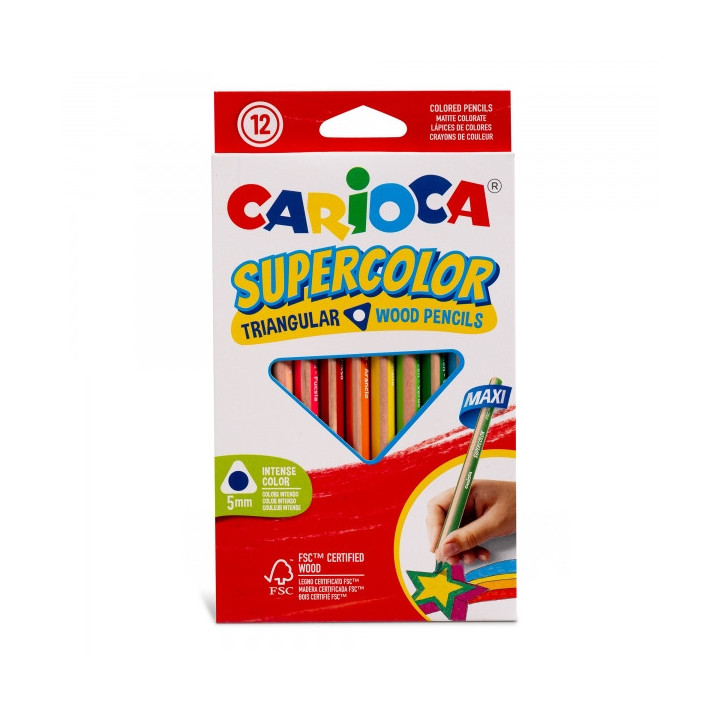 Carioca Supercolor Pack de 12 Lapices de Madera - Cuerpo Triangular Maxi - Colores Intensos y Gran Opacidad - Lapizgrueso Ø 5m