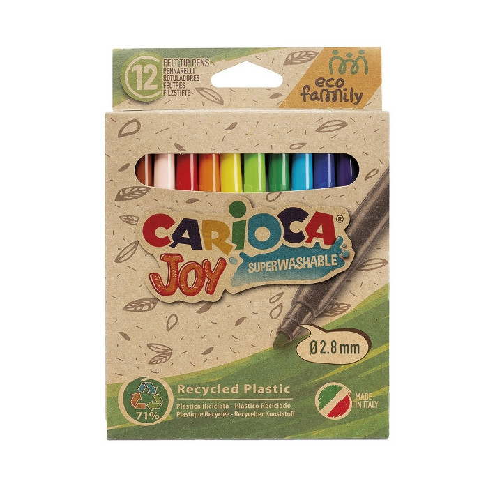 Carioca Joy Eco Family Pack de 12 Rotuladores Punta Fina 2.8mm Bloqueada - Tinta Superlavable - Capuchon Ventilado - Colores Su