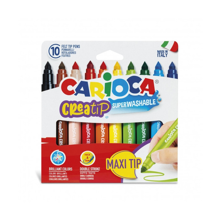 Carioca Creatip Maxi Pack de 10 Rotuladores - Tinta Superlavable - Punta Maxi con Doble Carrera - Punta Bloqueada y con Tapa Ve