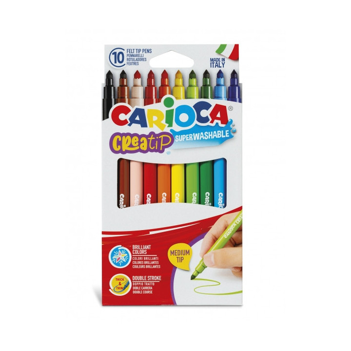 Carioca Creatip Pack de 10 Rotuladores - Tinta Superlavable - Punta Media con Doble Carrera - Punta Bloqueada y con Tapa Ventil