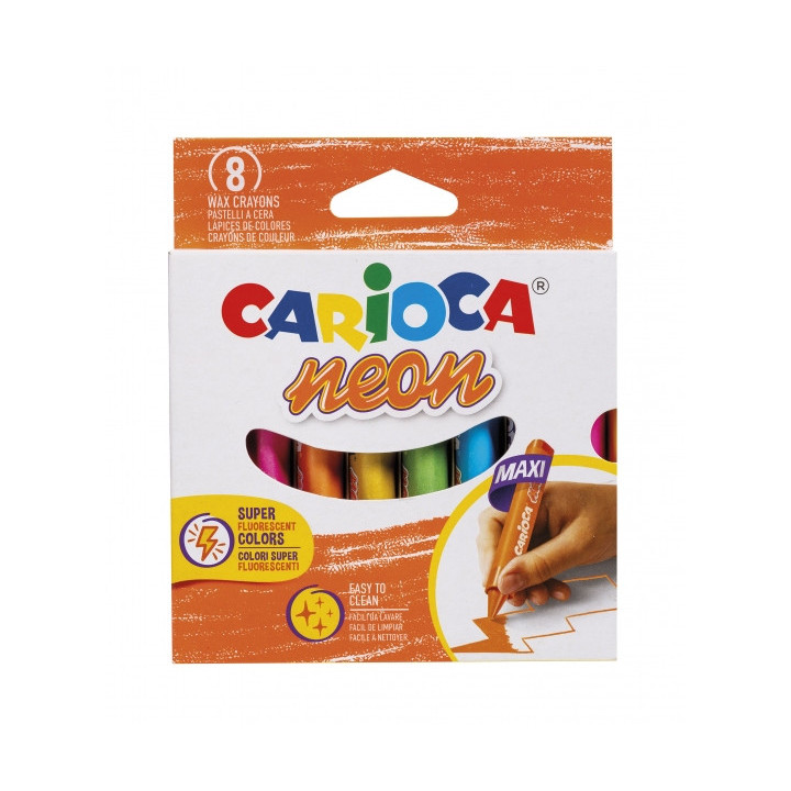 Carioca Ceras Neon Pack de 8 Ceras - Cuerpo Maxi Triangular - Colores Cubrientes - Faciles de Limpiar - Color Varios