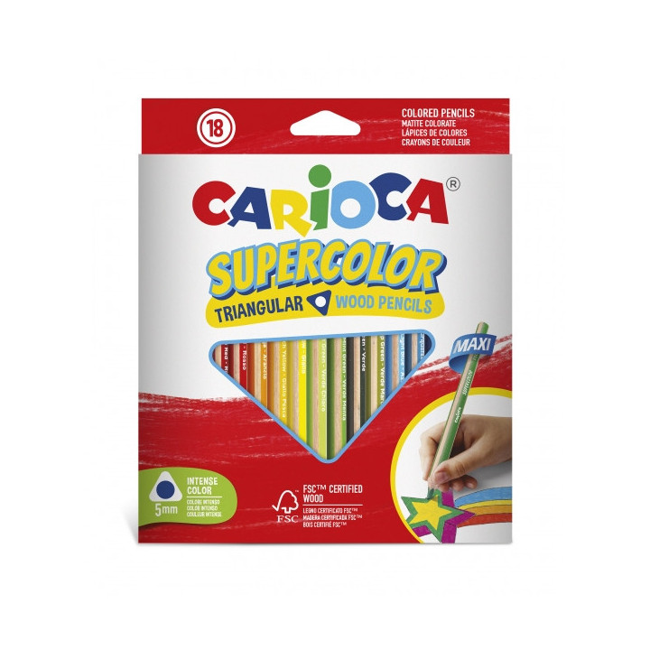 Carioca Supercolor Pack de 18 Lapices de Madera - Cuerpo Triangular Maxi - Colores Intensos y Gran Opacidad - Lapizgrueso Ø 5m