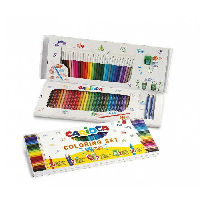Carioca Joy Pack de 65 Piezas para Colorear - 30 Rotuladores Super Lavables - 30 Lapices de Color Superfuertes - 2 Gomas de Bor