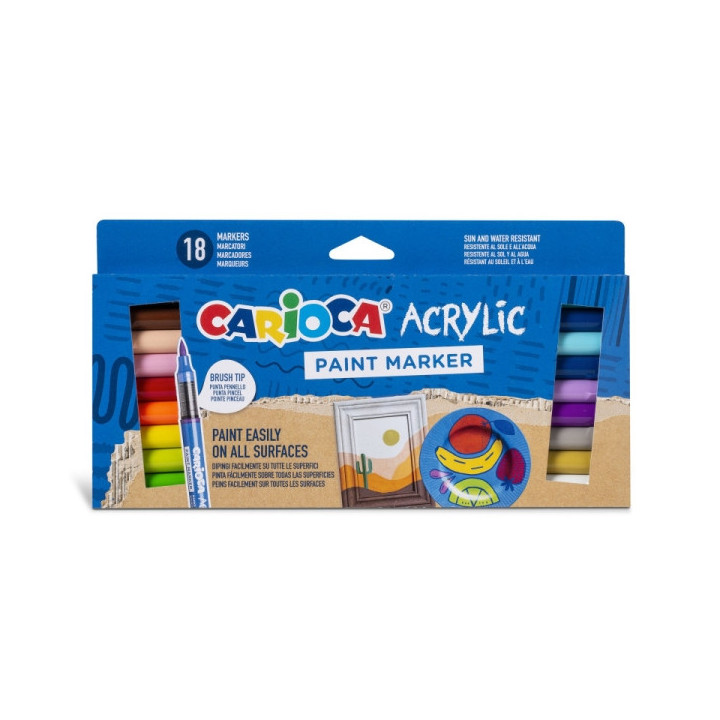 Carioca Acrylic Pack de 18 Marcadores de Pintura Acrilica - Punta Pincel - Tinta a Base de Agua - Alta Cobertura - Colores Surt