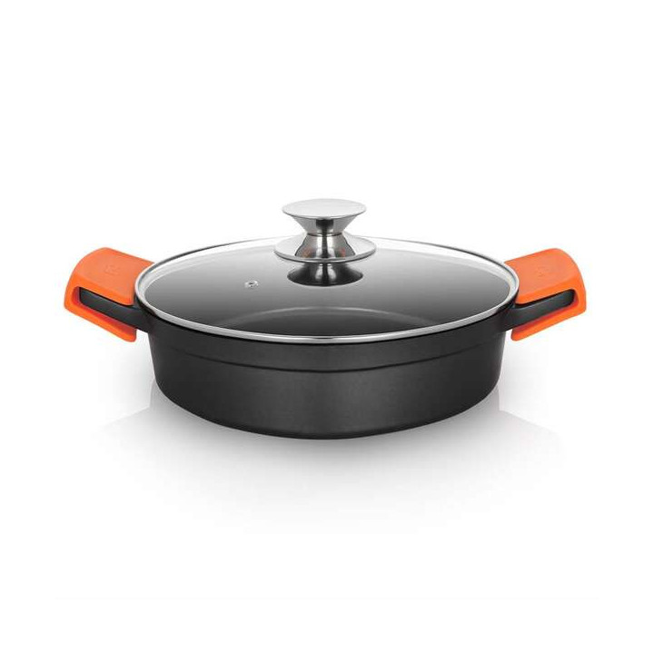 Orbegozo CDB Cacerola Baja Serie 2.8L - Aluminio Fundido Indeformable - Asas de Silicona - Tapa de Cristal Templado - Antiadher