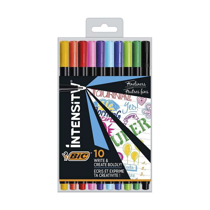Bic Intensity Fine Pack de 10 Rotuladores - Punta Fina de 0.8mm - Trazo de 0.4mm - Tinta con Base de Agua - Colores Surtidos