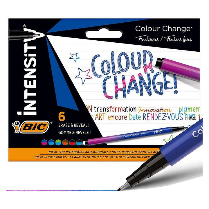 Bic Intensity Colour Change Pack de 6 Rotuladores - TecnologIa de Cambio de Color - Punta Fina de 0.4mm - Colores Surtidos