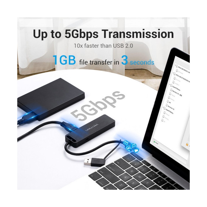 Vention HUB 6 en 1 USB 3.0 a USB3.0x3/TF/SD/Micro-B - 0.15m - Color Negro