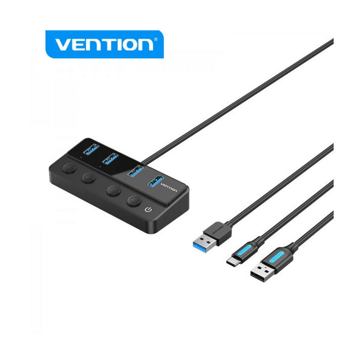 Vention HUB 4 en 1 USB 3.0 a 4xUSB/USB-C PD Incluye Cable Carga USB Macho - USB-C - Color Negro