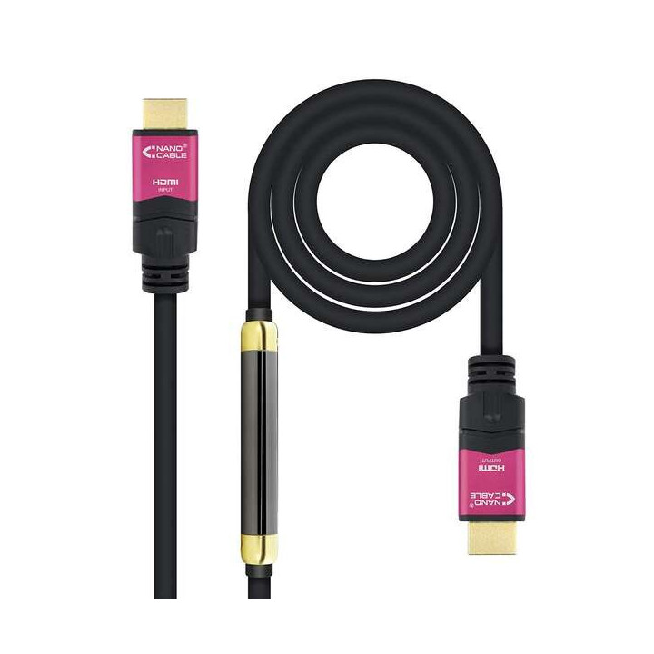 Nanocable Cable HDMI v2.0 Macho con Repetidor a HDMI v2.0 Macho 20m - 4K@60Hz 18Gbps - Alta Velocidad - Color Negro/Rosa