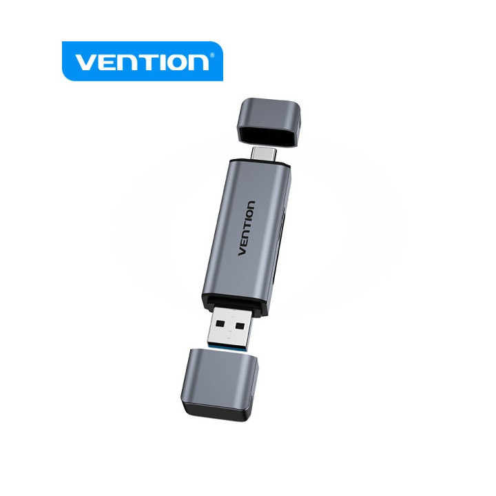 Vention Lector de Tarjetas 2-in-1 USB 3.0 A+C - Aluminio Metalizado - Soporta SD/TF - Capacidad 512GB - Lectura Dual - Color Gr
