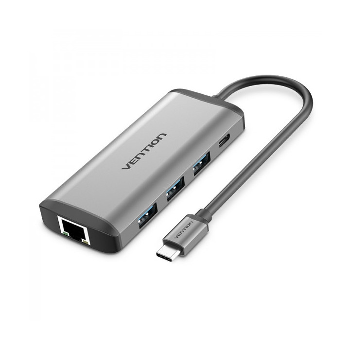 Vention Docking Station 7 en 1 USB-C a HDMI 4K/3xUSB3.0/RJ45/Lector SD/TF/PD87W - 0.15m - Color Gris