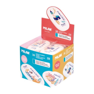 Milan 1416 Story Time Goma de Borrar Ovalada - Suave Caucho Sintetico - Envueltas Individualmente - Color Blanco con Dibujos In