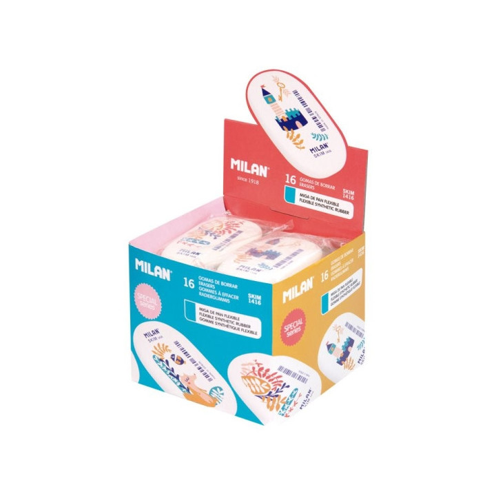 Milan 1416 Story Time Goma de Borrar Ovalada - Suave Caucho Sintetico - Envueltas Individualmente - Color Blanco con Dibujos In