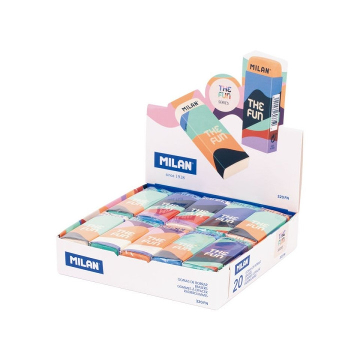 Milan The Fun Nata 320 Expositor con 20 Goma de Borrar Rectangular - Caucho Sintetico - Envuelta Individualmente - Faja y Goma