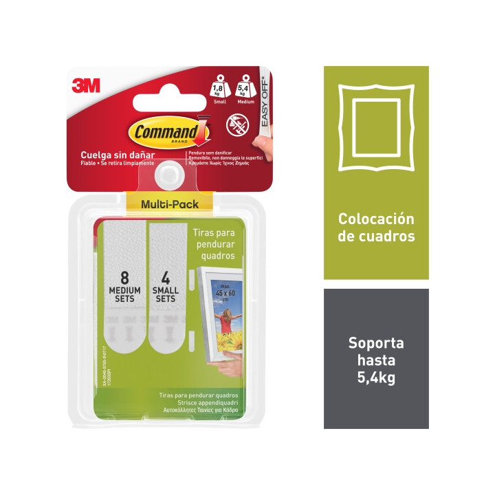 Command Pack de 24 Tiras Adhesivas para Colgar Cuadros - 8 Paresm + 4 Pares S - Soporta hasta 5.4kg - Color Blanco