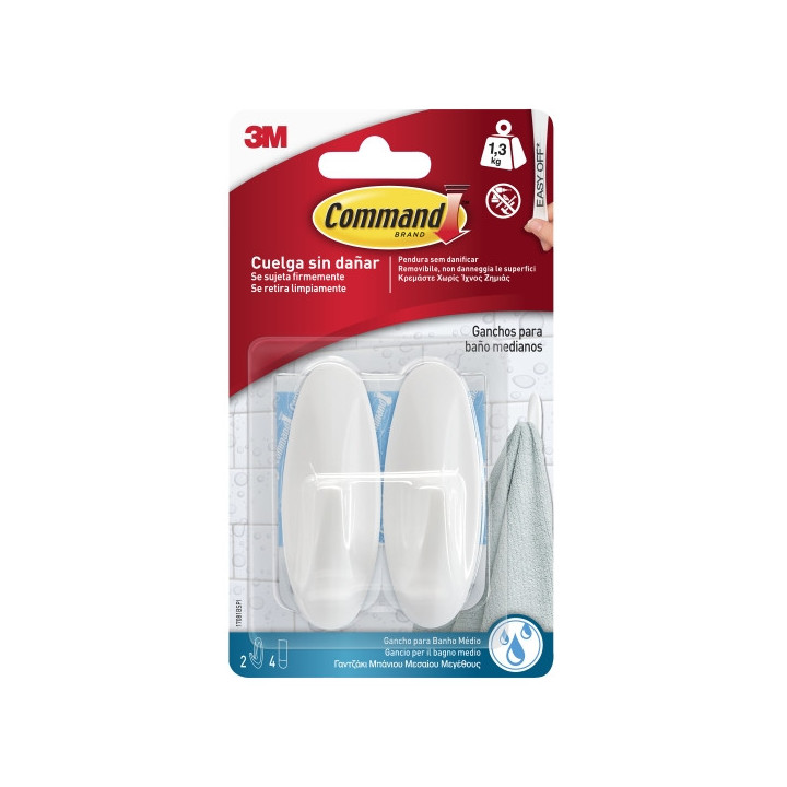 Command Pack de 2 Ganchos Medianos para Aseo - Resistente al Agua - 4 Tiras Adhesivas - Soporta hasta 1.3kg - Color Blanco