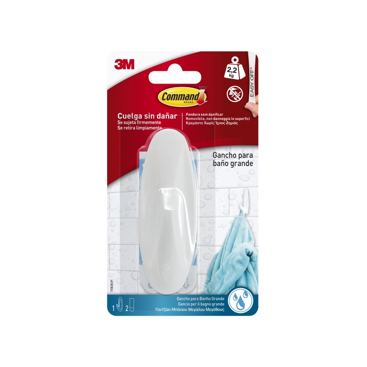 Command Gancho Grande para Aseo - Resistente al Agua - 2 Tiras Adhesivas - Soporta hasta 2.2kg - Color Blanco