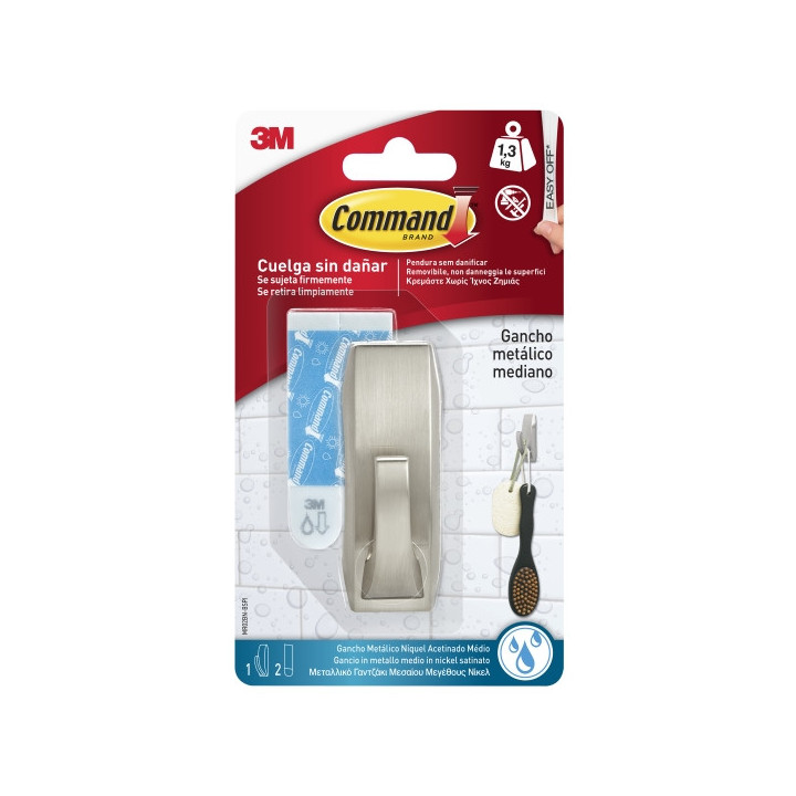 Command Gancho Metalico Mediano para Aseo - Resistente al Agua - 2 Tiras Adhesivas - Soporta hasta 1.3kg - Estilo Moderno - Col