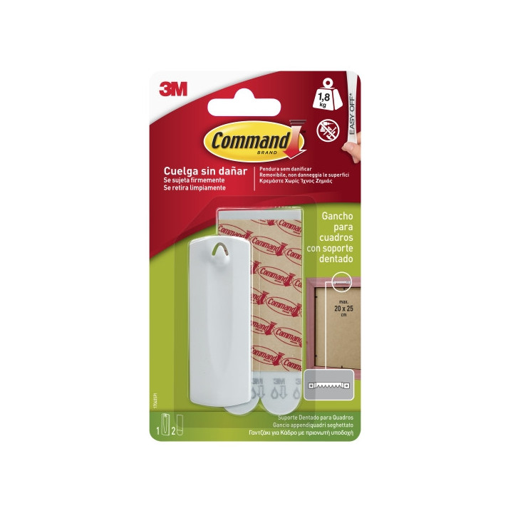 Command Gancho para Cuadros - 2 Tiras Adhesivas - Soporta hasta 1.8kg - Especial Cuadros con Soporte Dentado - Color Blanco