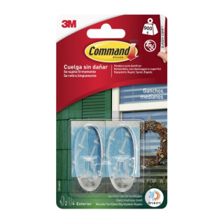 Command Pack de 2 Ganchos Medianos - para Uso en Exterior - 4 Tiras Adhesivas - Soporta hasta 0.9kg - Color Transparente