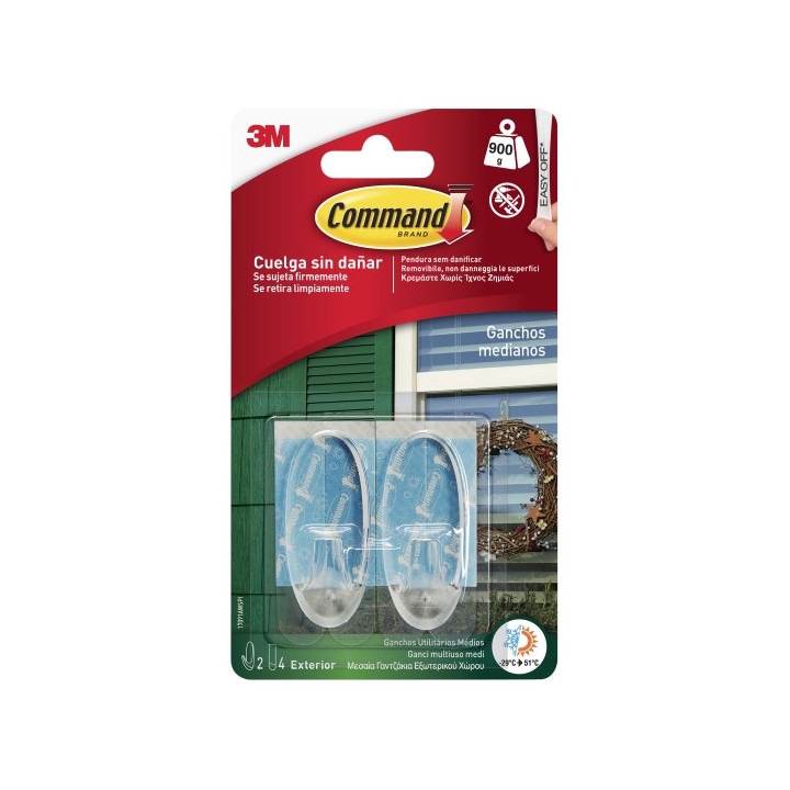 Command Pack de 2 Ganchos Medianos - para Uso en Exterior - 4 Tiras Adhesivas - Soporta hasta 0.9kg - Color Transparente