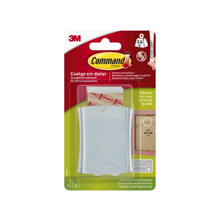 Command Universal Soporte Adhesivo con Clavo para Colgar - 4 Tiras Adhesivas - Extragrande - Soporta hasta 3.6kg - Color Gris M