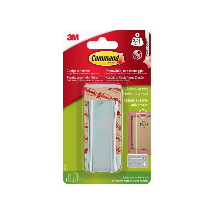Command Universal Soporte Adhesivo con Clavo para Colgar - 2 Tiras Adhesivas - Universal - Soporta hasta 2.2kg - Color Plata