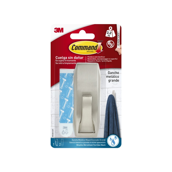 Command Gancho Metalico Grande para Aseo - Estilo Moderno - 2 Tiras Adhesivas - Soporta hasta 2.2kg - Resistente al Agua - Colo