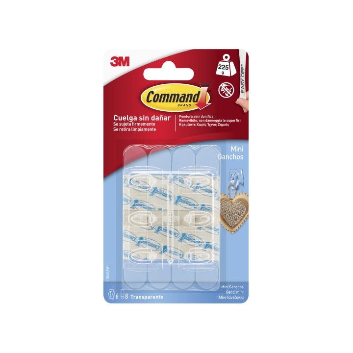 Command Mini Pack de 6 Ganchos - 8 Tiras Adhesivas - Soportan hasta 225G - Color Transparente