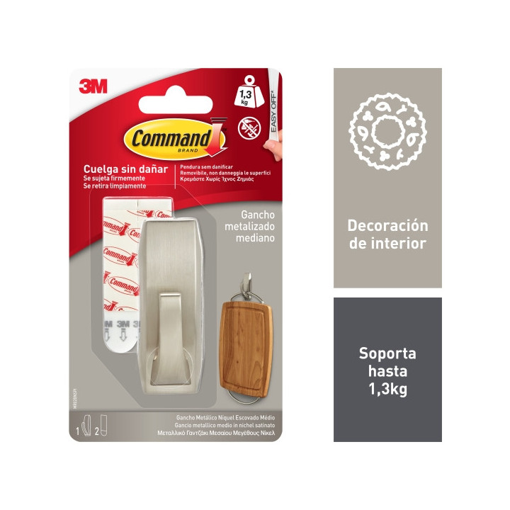 Command Gancho Metalico Mediano - Estilo Moderno - 2 Tiras Adhesivas - Soporta hasta 1.3kg - Color Niquel Pulido