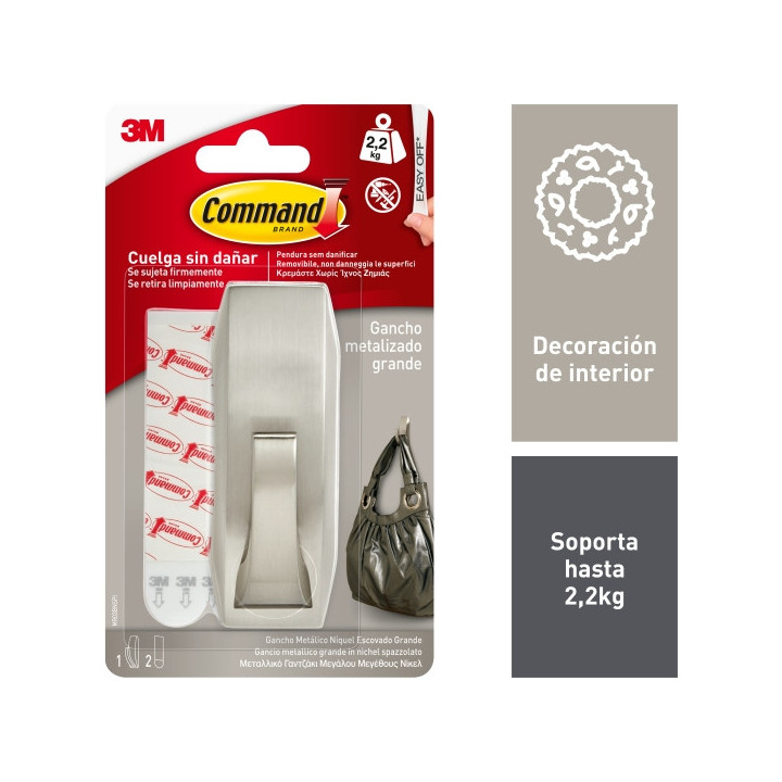Command Gancho Metalico Grande - 2 Tiras Adhesivas - Soporta hasta 2.2kg - Estilo Moderno - Color Niquel Pulido