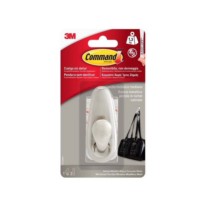 Command Forever Gancho Metalico Mediano - 2 Tiras Adhesivas - Soporta hasta 1.3kg - Color Niquel Pulido