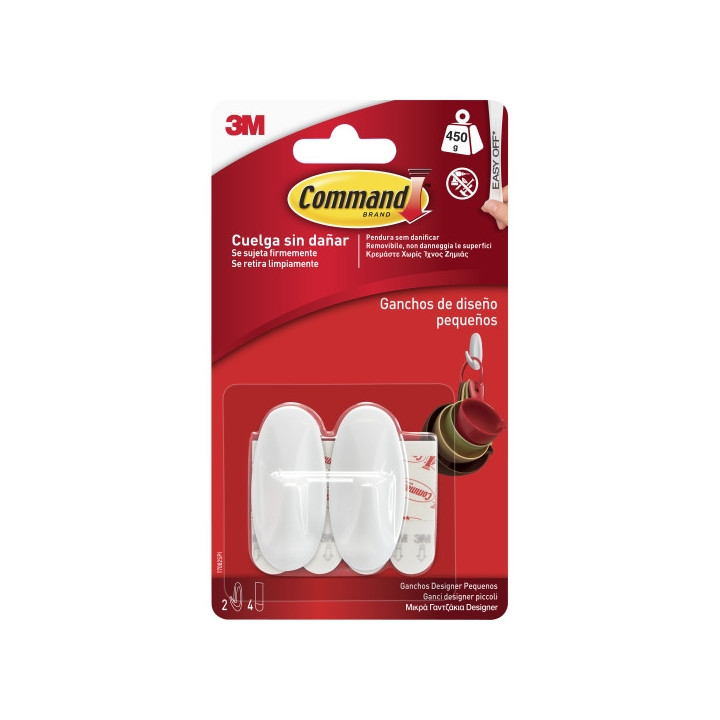 Command Pack de 2 Ganchos Compactos - Talla S - 4 Tiras Adhesivas - Soporta hasta 450G - Color Blanco
