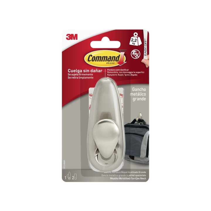 Command Gancho Metalico Grande - 2 Tiras Adhesivas - Soporta hasta 2.2kg - Color Niquel Pulido