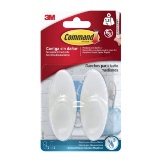 Command Pack de 2 Ganchos Medianos para Aseo - Resistente al Agua - 3 Tiras Adhesivas - Soporta hasta 1.3kg - Color Blanco