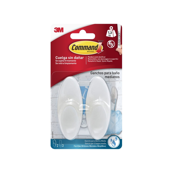 Command Pack de 2 Ganchos Medianos para Aseo - Resistente al Agua - 3 Tiras Adhesivas - Soporta hasta 1.3kg - Color Blanco
