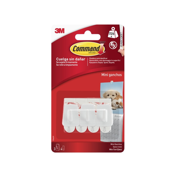 Command Mini Pack de 3 Ganchos - 4 Tiras Adhesivas - Soportan hasta 225G - Color Blanco