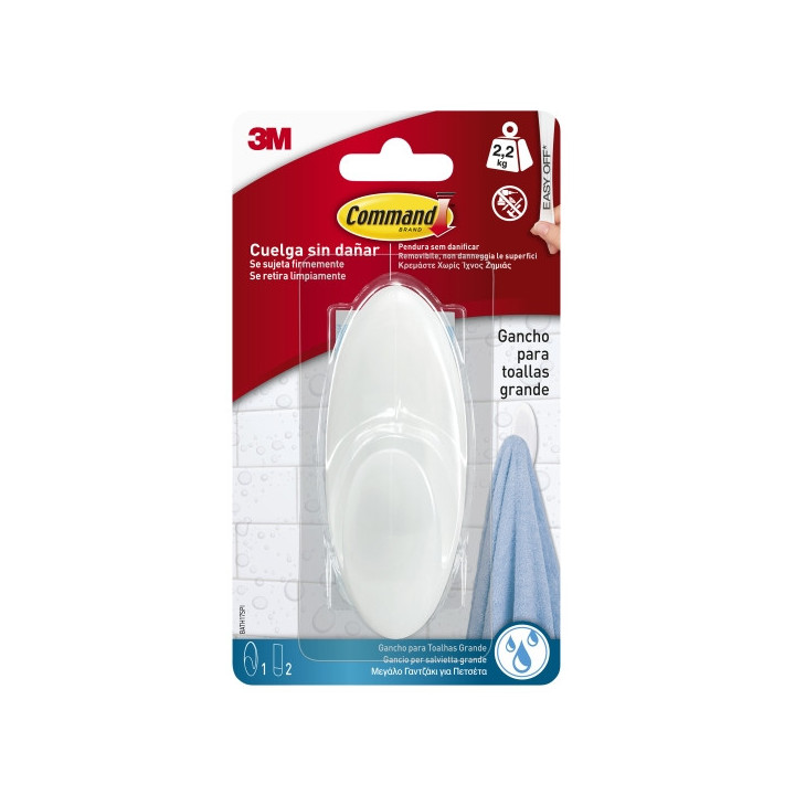 Command Gancho Grande para Toallas - Resistente al Agua - 1 Tira Adhesiva - Soporta hasta 2.2kg - Color Blanco