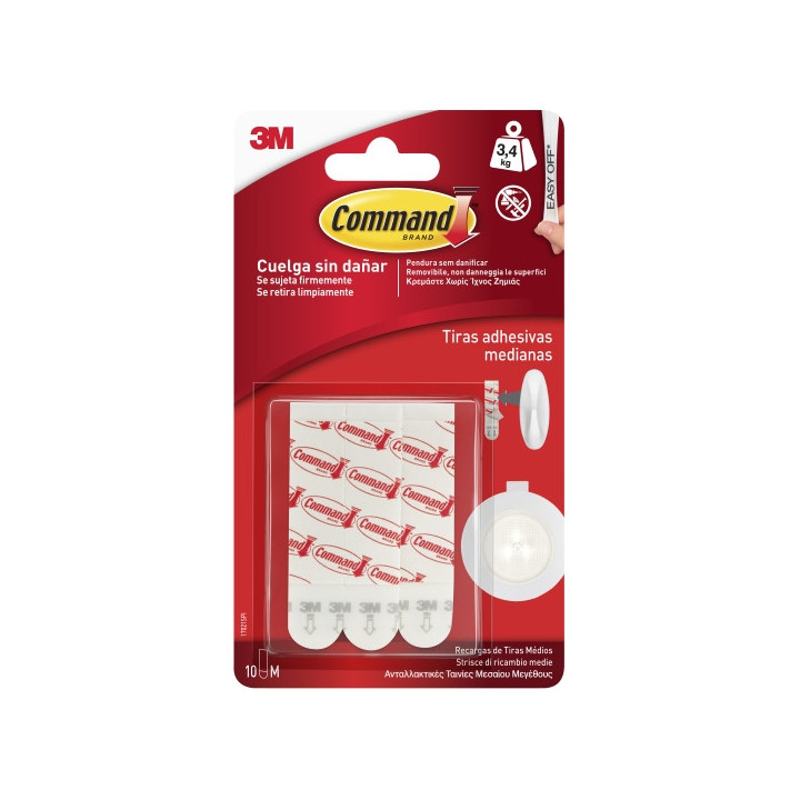Command Pack de 10 Tiras Adhesivas de Repuesto - Formato M - Soporta hasta 3.4kg - Color Blanco