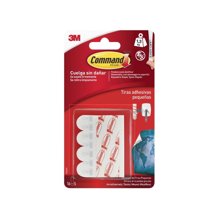 Command Pack de 16 Tiras Adhesivas de Repuesto - Formatos S - Soporta hasta 1.3kg - Color Blanco