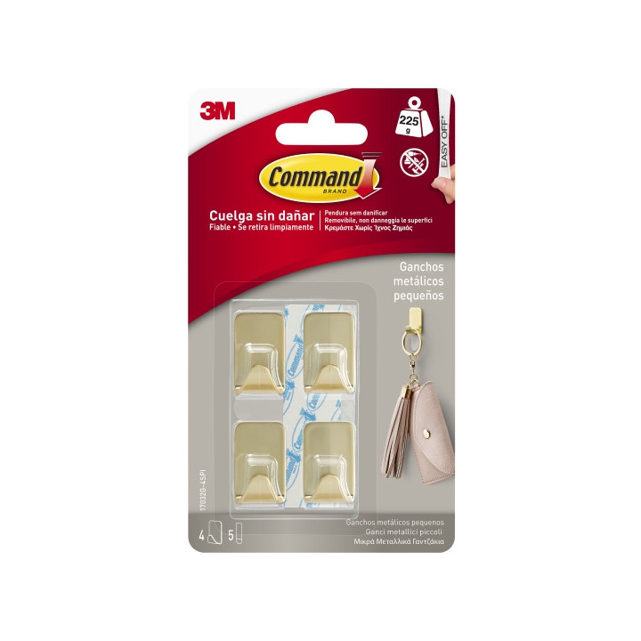 Command Pack de 4 Ganchos Compactos - Metalizado - 5 Tiras Adhesivas - Soporta hasta 225G - Talla S - Color Dorado