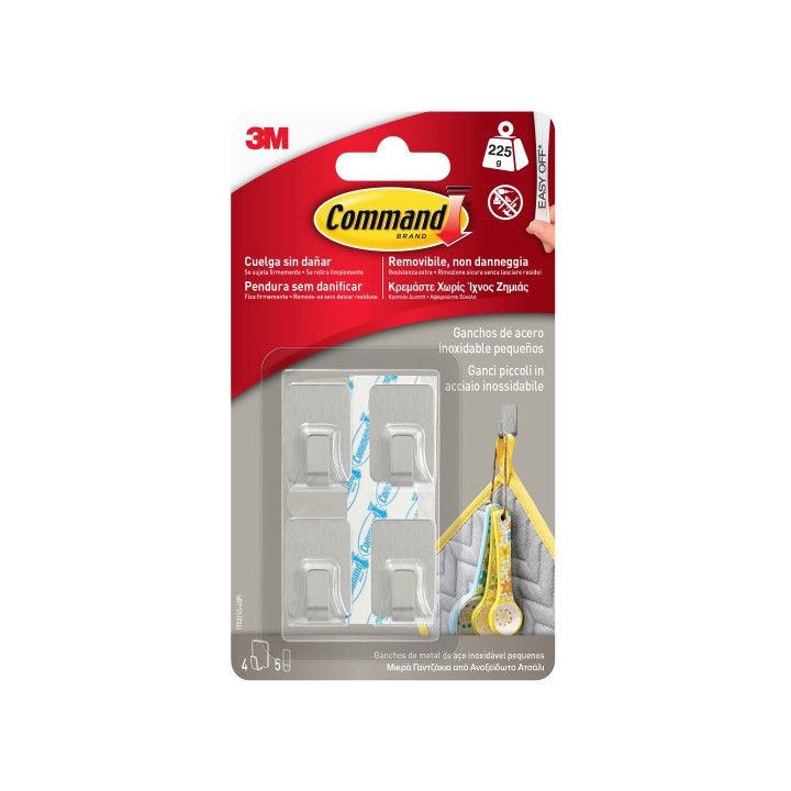 Command Pack de 4 Ganchos Compactos - Acero Inoxidable - 5 Tiras Adhesivas - Soporta hasta 225G - Talla S - Color Transparente