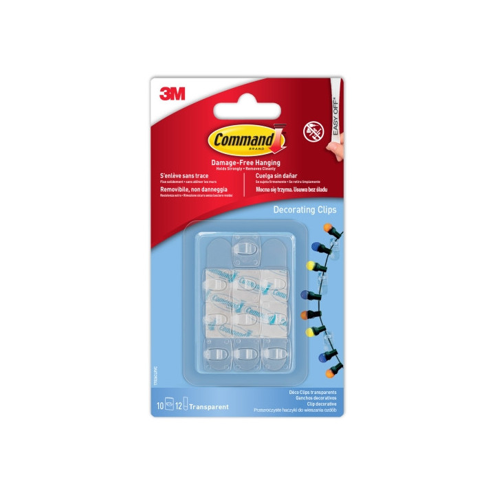 Command Pack de 10 Ganchos para Luces - Sujeccion de Clip - 12 Tiras Adhesivas - Color Transparente