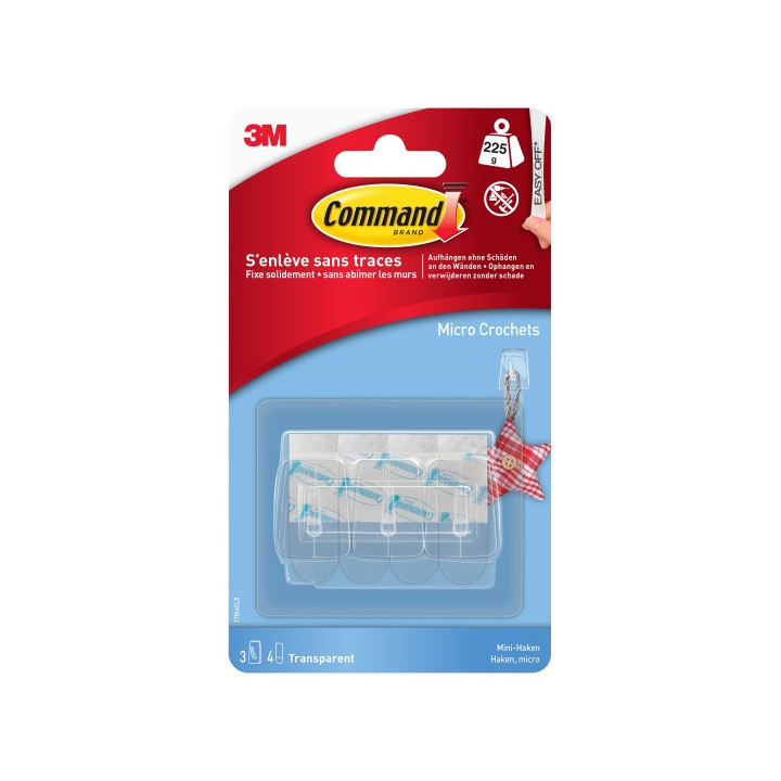 Command Mini Pack de 3 Ganchos - 4 Tiras Adhesivas - Soportan hasta 225G - Color Transparente