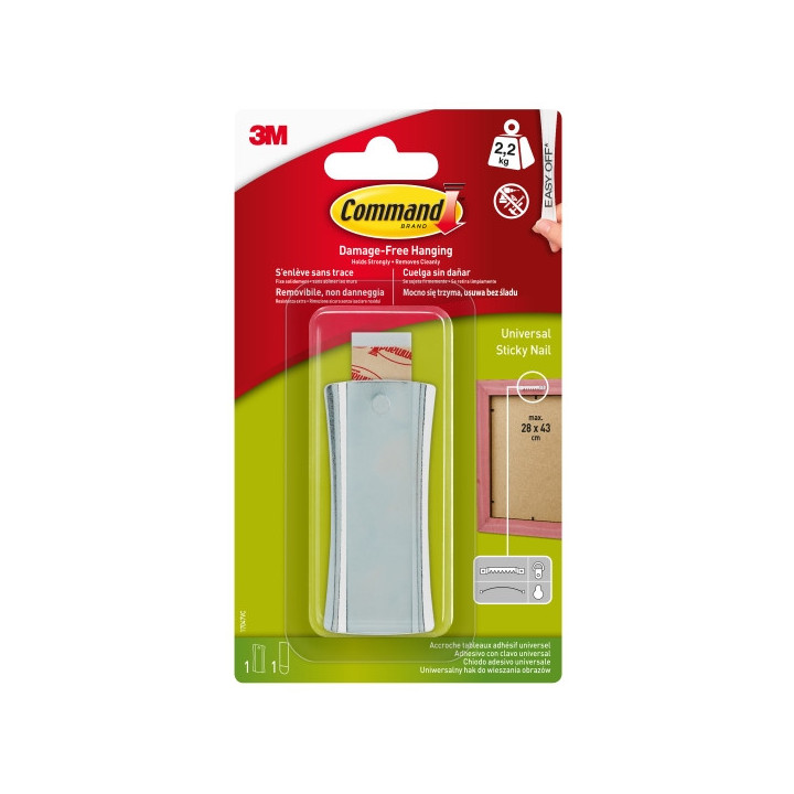 Command Universal Soporte Adhesivo con Clavo para Colgar - 1 Tira Adhesiva - Soporta hasta 2.2kg - Color Gris Metalizado