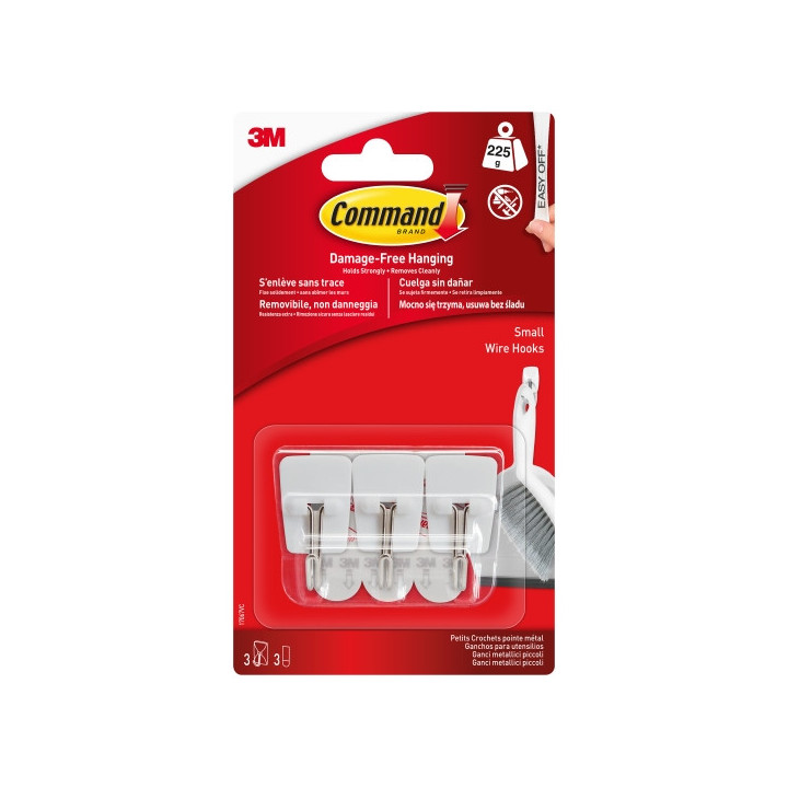 Command Pack de 3 Ganchos Compactos - Punta de Alambre - 3 Tiras Adhesivas - Soporta hasta 225G - Talla S - Color Blanco