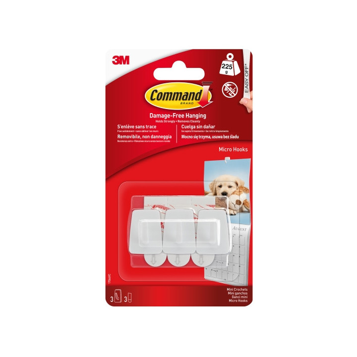 Command Mini Pack de 3 Ganchos - 3 Tiras Adhesivas - Soportan hasta 225G - Color Blanco