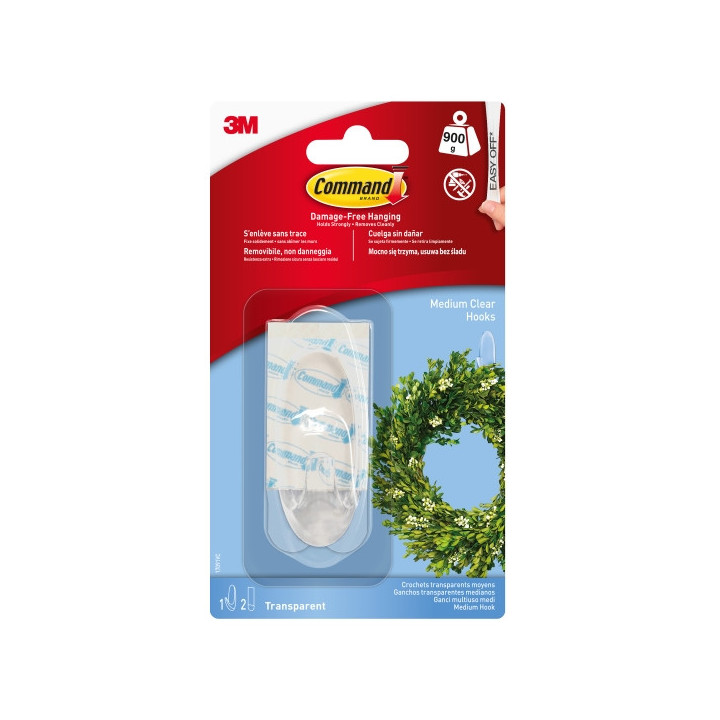 Command Gancho Mediano - 2 Tiras Adhesivas - Soporta hasta 0.9kg - Color Transparente