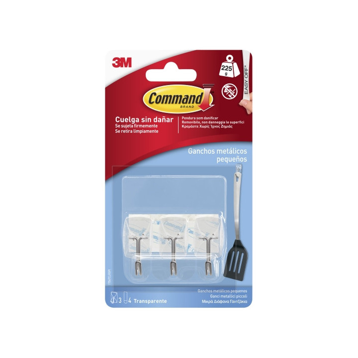 Command Pack de 3 Ganchos Compactos - Punta de Alambre - 4 Tiras Adhesivas - Soporta hasta 225G - Talla S - Color Blanco